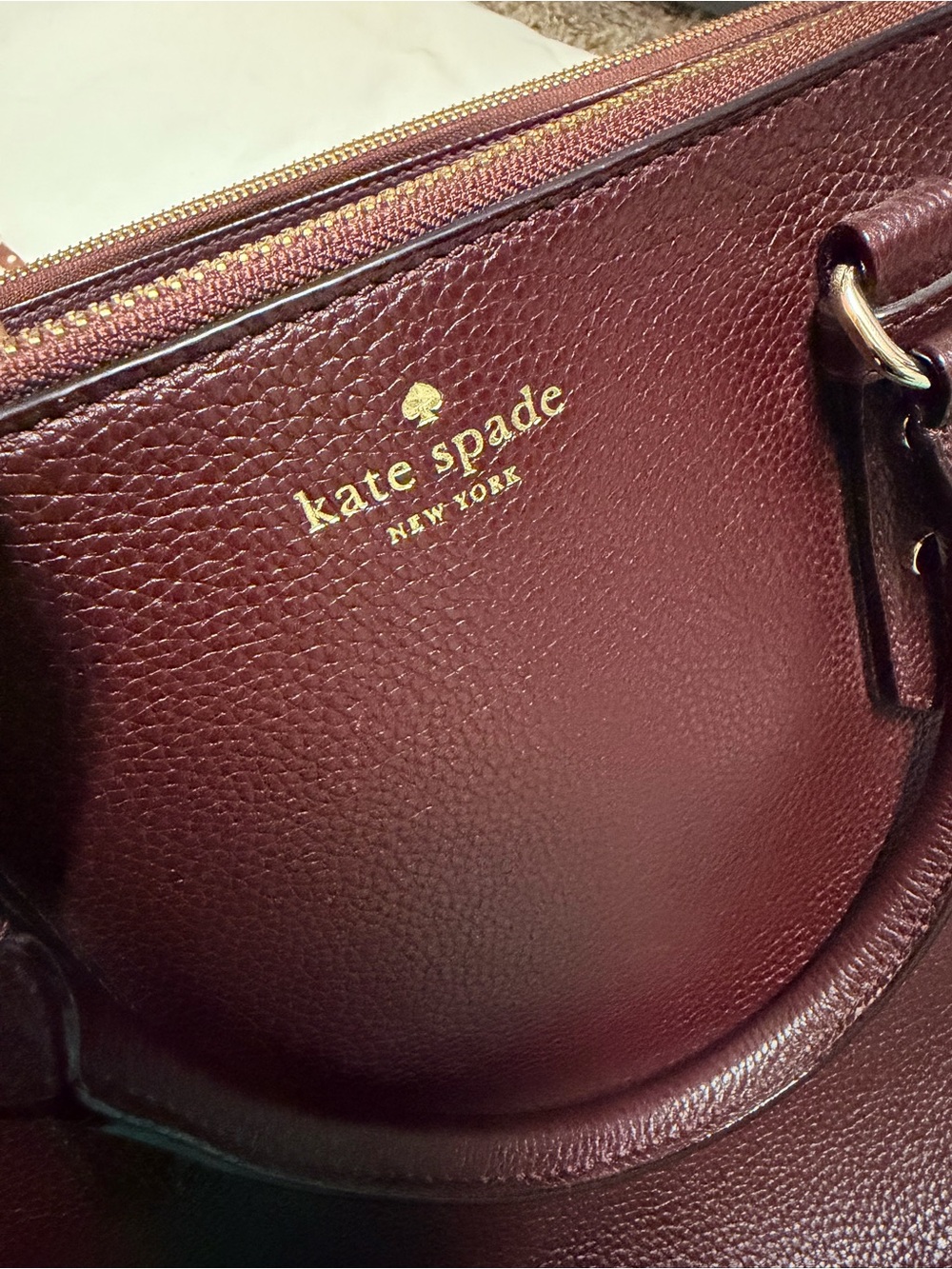 kate spade Burgundy Pebbled Leather Tote with Gold Logo